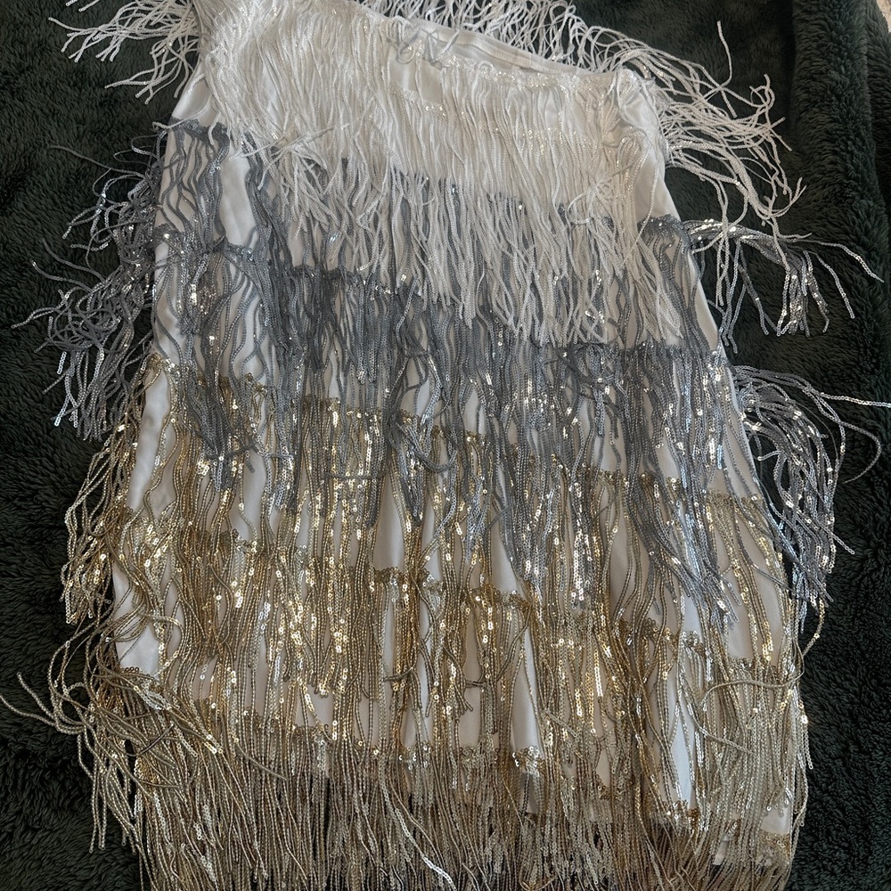 White Fringe Party Dress with Silver & Gold *NEVER WORN*